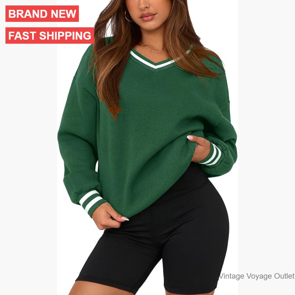 Oversized V-Neck Sweatshirt, Striped Knit, Long Sleeve Pullover, Casual Top